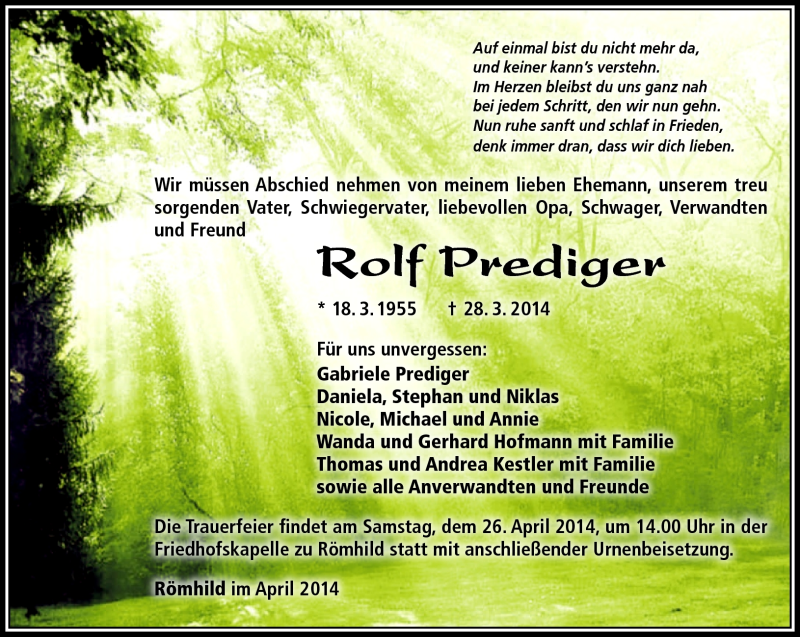  Traueranzeige für Rolf Prediger vom 17.04.2014 aus Südthüringer Presse