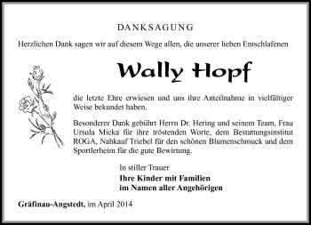 Traueranzeige von Wally Hopf von Südthüringer Presse
