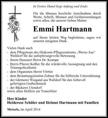 Traueranzeige von Emmi Hartmann von Südthüringer Presse