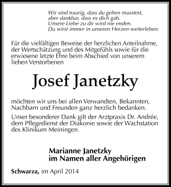 Traueranzeige von Josef Janetzky von Südthüringer Presse