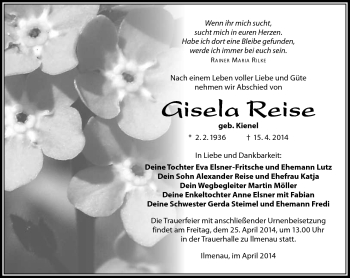 Traueranzeige von Gisela Reise von Südthüringer Presse