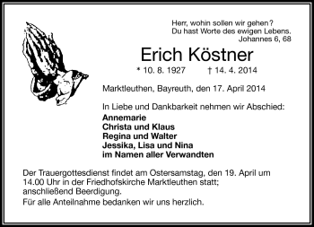 Traueranzeige von Erich Köstner von Frankenpost