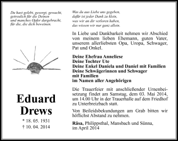 Traueranzeige von Eduard Drews von Südthüringer Presse