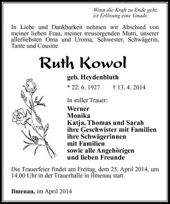 Traueranzeige von Ruth Kowol von Südthüringer Presse