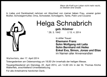 Traueranzeige von Helga Schnabrich von Neue Presse Coburg