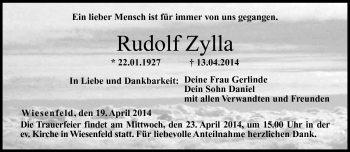 Traueranzeige von Rudolf Zylla von Neue Presse Coburg