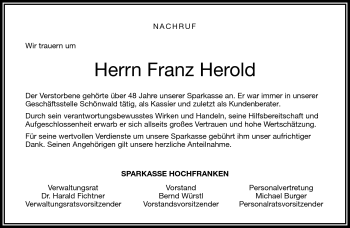 Traueranzeige von Franz Herold von Frankenpost