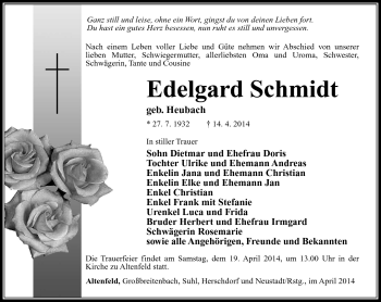 Traueranzeige von Edelgard Schmidt von Südthüringer Presse