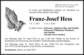 Traueranzeige von Franz-Josef Hess von Südthüringer Presse