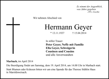 Traueranzeige von Hermann Geyer von Neue Presse Coburg