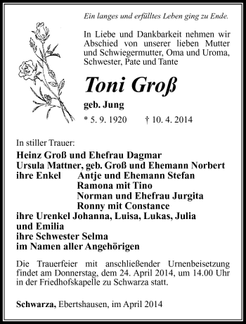 Traueranzeige von Toni Groß von Südthüringer Presse