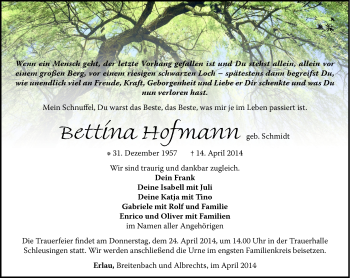 Traueranzeige von Bettina Hofmann von Südthüringer Presse