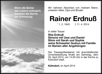 Traueranzeige von Rainer Erdnuß von Südthüringer Presse