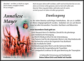 Traueranzeige von Anneliese Mayer von Südthüringer Presse