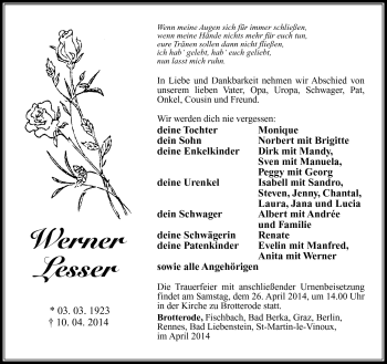 Traueranzeige von Werner Lesser von Südthüringer Presse