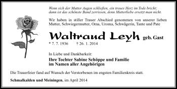 Traueranzeige von Waltraud Leyh von Südthüringer Presse