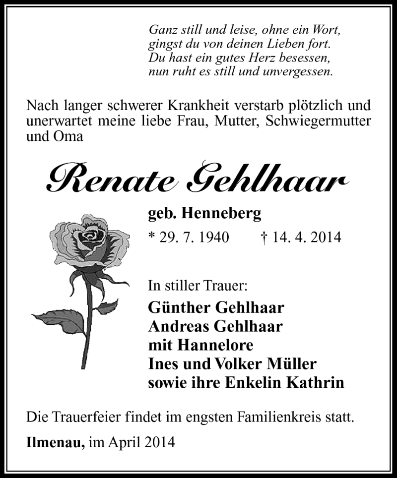  Traueranzeige für Renate Gehlhaar vom 19.04.2014 aus Südthüringer Presse
