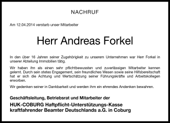 Traueranzeige von Andreas Forkel von Neue Presse Coburg