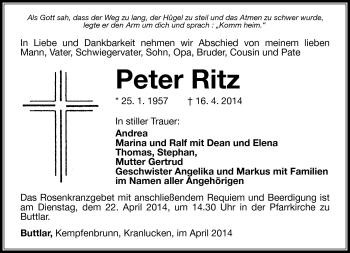 Traueranzeige von Peter Ritz von Südthüringer Presse