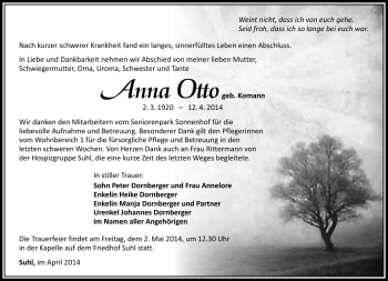 Traueranzeige von Anna Otto von Südthüringer Presse