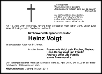 Traueranzeige von Heinz Voigt von Südthüringer Presse