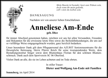 Traueranzeige von Anneliese Am-Ende von Südthüringer Presse