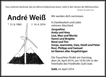 Traueranzeige von Andre Weiß von Südthüringer Presse