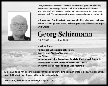 Traueranzeige von Georg Schiemann von Südthüringer Presse