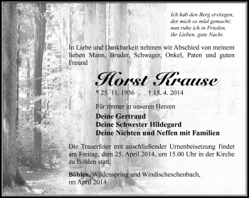 Traueranzeige von Horst Krause von Südthüringer Presse