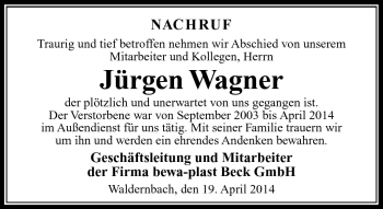 Traueranzeige von Jürgen Wagner von Südthüringer Presse