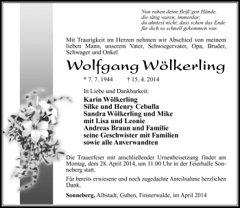 Traueranzeige von Wolfgang Wölkerling von Südthüringer Presse