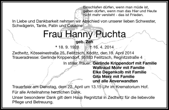 Traueranzeige von Hanny Puchta von Frankenpost