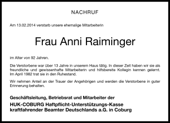 Traueranzeige von Anni Raiminger von Neue Presse Coburg