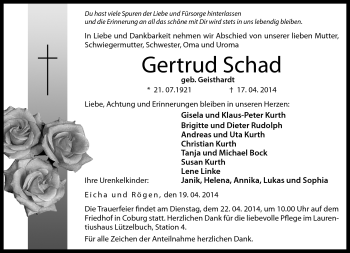Traueranzeige von Gertrud Schad von Neue Presse Coburg