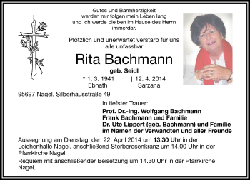 Traueranzeige von Rita Bachmann von Frankenpost