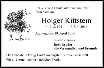 Traueranzeige von Holger Kittstein von Frankenpost