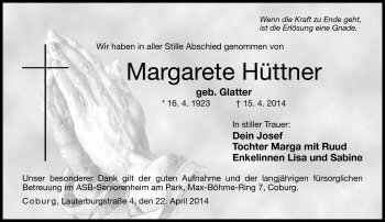 Traueranzeige von Margarete Hüttner von Neue Presse Coburg