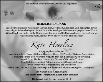 Traueranzeige von Käte Heerlein von Südthüringer Presse