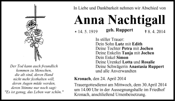 Traueranzeige von Anna Nachtigall von Neue Presse Coburg