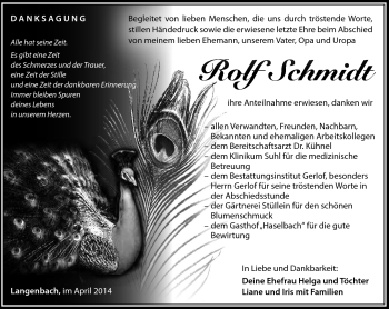 Traueranzeige von Rolf Schmidt von Südthüringer Presse
