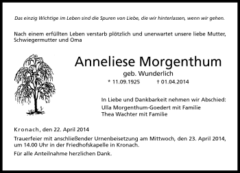 Traueranzeige von Anneliese Morgenthum von Neue Presse Coburg