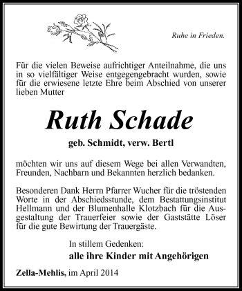 Traueranzeige von Ruth Schade von Südthüringer Presse