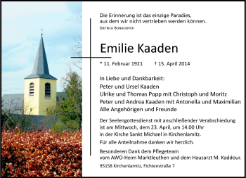 Traueranzeige von Emilie Kaaden von Frankenpost