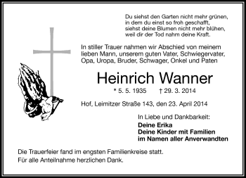 Traueranzeige von Heinrich Wanner von Frankenpost