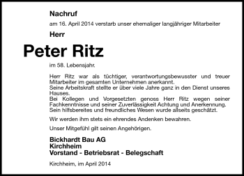 Traueranzeige von Peter Ritz von Südthüringer Presse