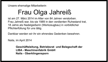 Traueranzeige von Olga Jahreiß von Frankenpost