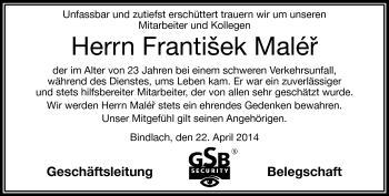 Traueranzeige von Frantisek Maler von Frankenpost