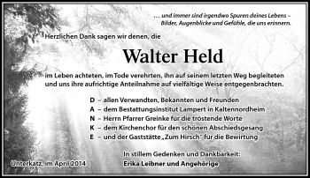 Traueranzeige von Walter Held von Südthüringer Presse