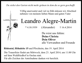 Traueranzeige von Leandro Alegre-Martin von Neue Presse Coburg