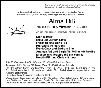 Traueranzeige von Alma Riß von Neue Presse Coburg